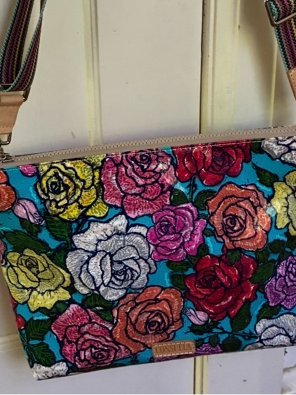 Consuela Turquoise Floral Rose Embroidered Crossbody Bag